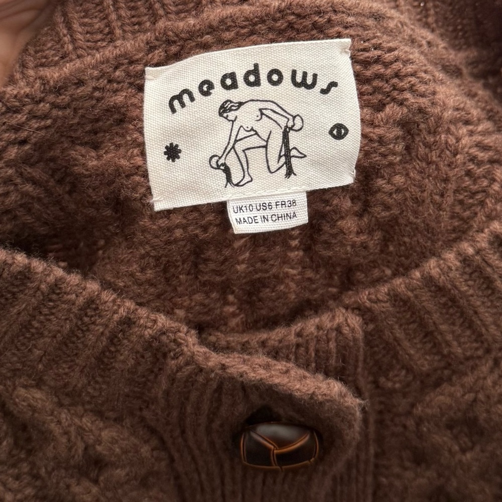 Meadows Quince Thick Cable Knit 100% Wool Cardigan Size US 6 Chocolate Brown - Picture 7 of 10